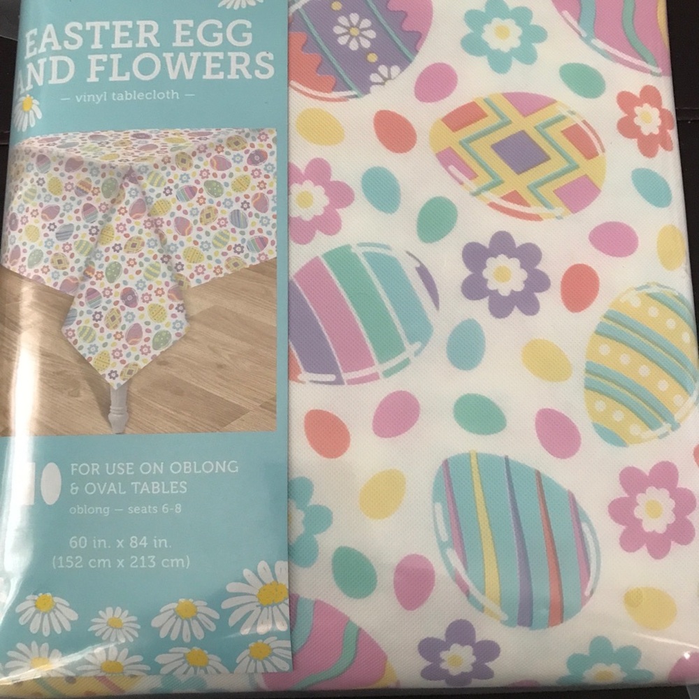Easter Spring Vinyl Tablecloth Oblong or Oval Egg Bunnies Flowers 60x84 NIP